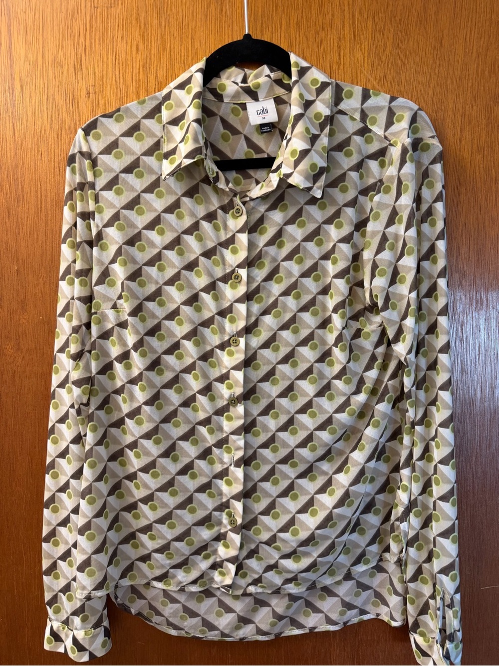 CAbi Taupe, Olive and Cream Geometric Dot Button-Up Blouse
